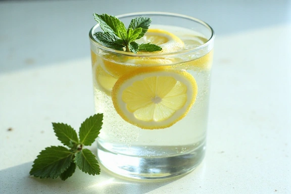 Un vaso de agua fresca con rodajas de limón y menta, representando hidratación y bienestar.