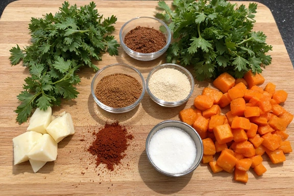 Una tabla de cortar con varios ingredientes frescos para cocinar, como hierbas, especias y verduras coloridas.