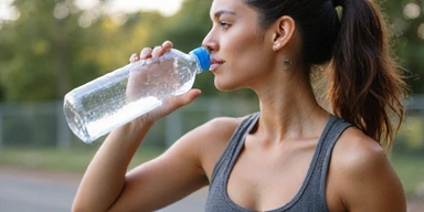 Persona bebiendo agua de una botella reutilizable