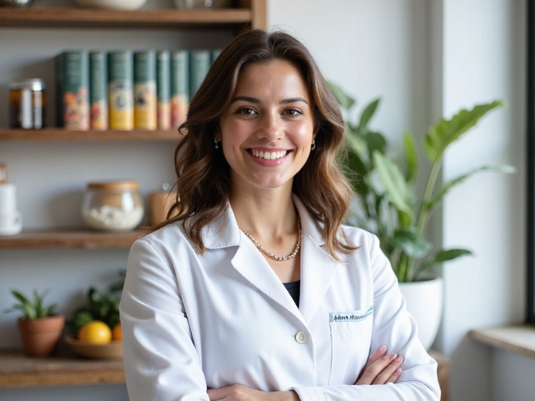 Professional portrait of a friendly, knowledgeable nutritionist in a modern, clean office setting.