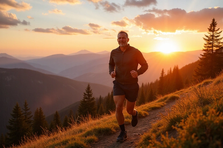 Hombre corriendo en un sendero de montaña al amanecer