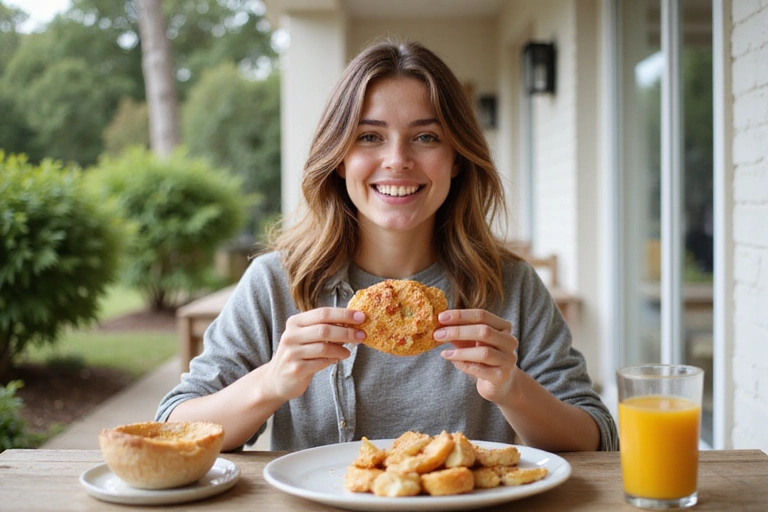 Mujer joven y enérgica disfrutando de un desayuno saludable